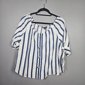 Unique Spectrum Womens XL Peasant Blouse Stripe Cotton Tie Sleeve Blue White